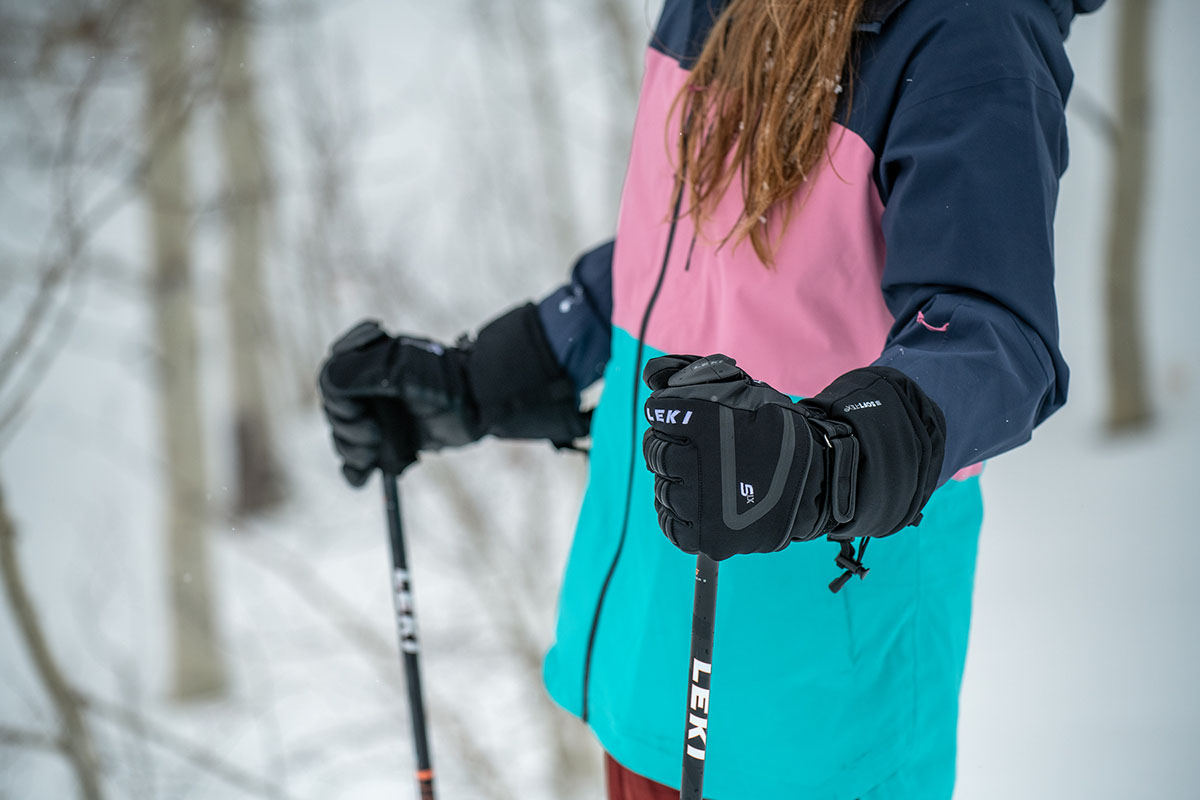 Skier wearing Leki ski gloves