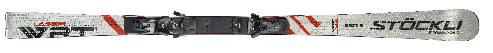 Pair of Stockli laser wrt skis with bindings on a white background