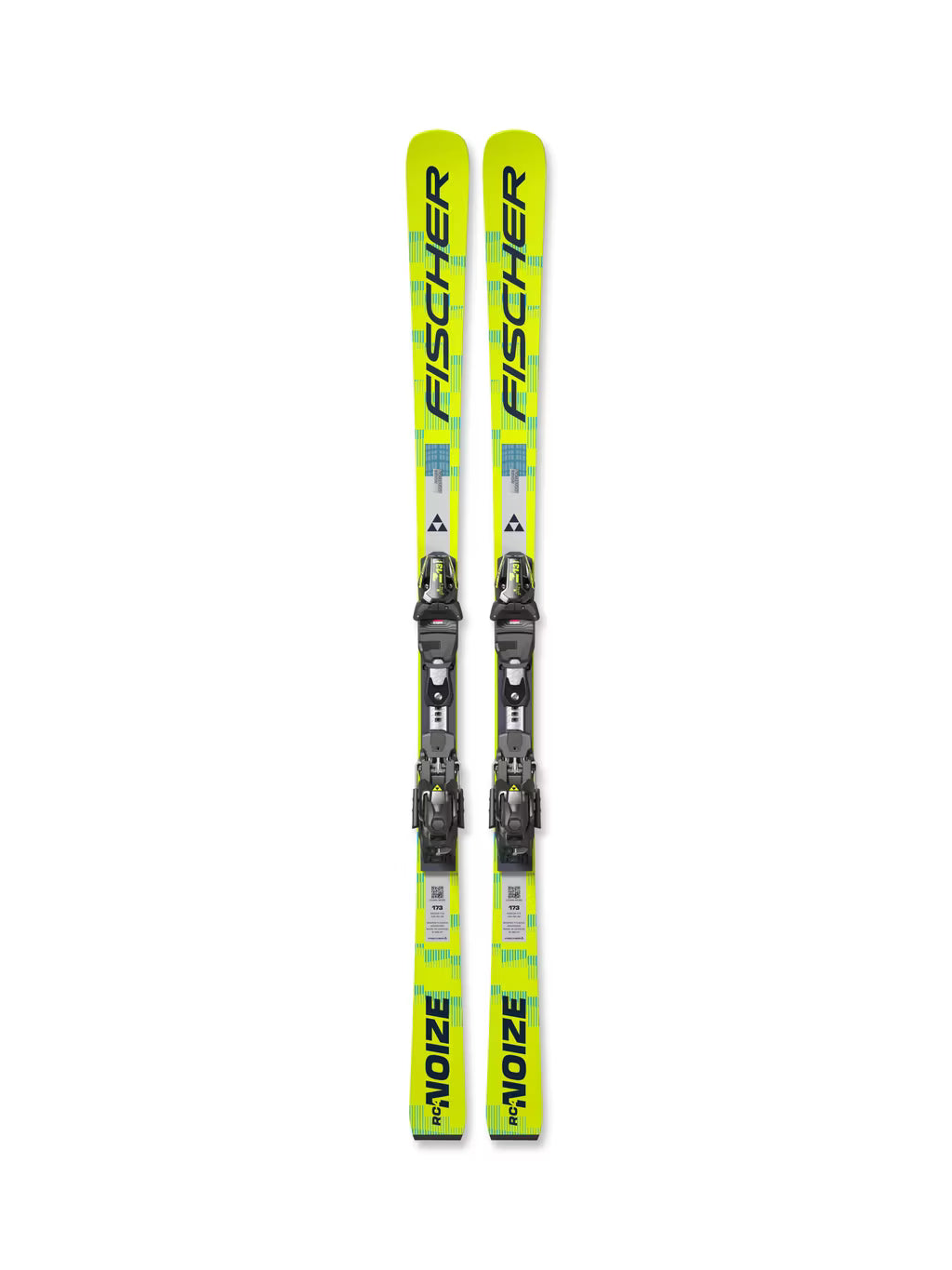 Pair of Fischer Noize skis with bindings on a white background