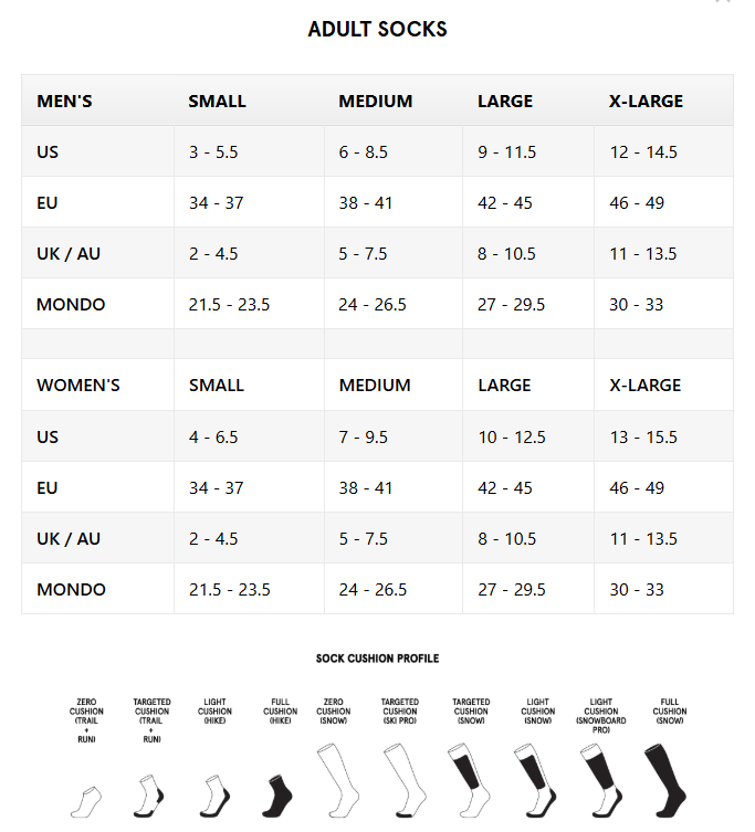 Le Bent Socks Size Chart