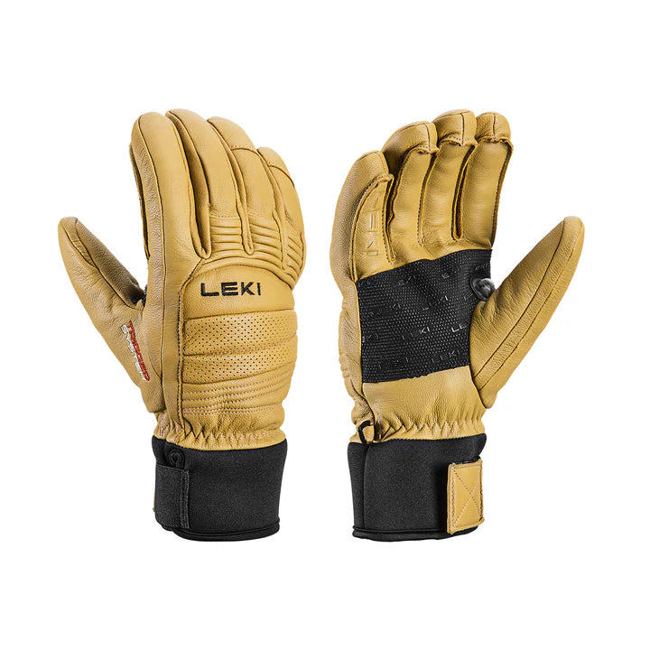 A pair of Leki Copper 3D Pro ski gloves in brown color, featuring premium goatskin leather with silicone Nash on the palm and a neoprene cuff with Velcro closure.