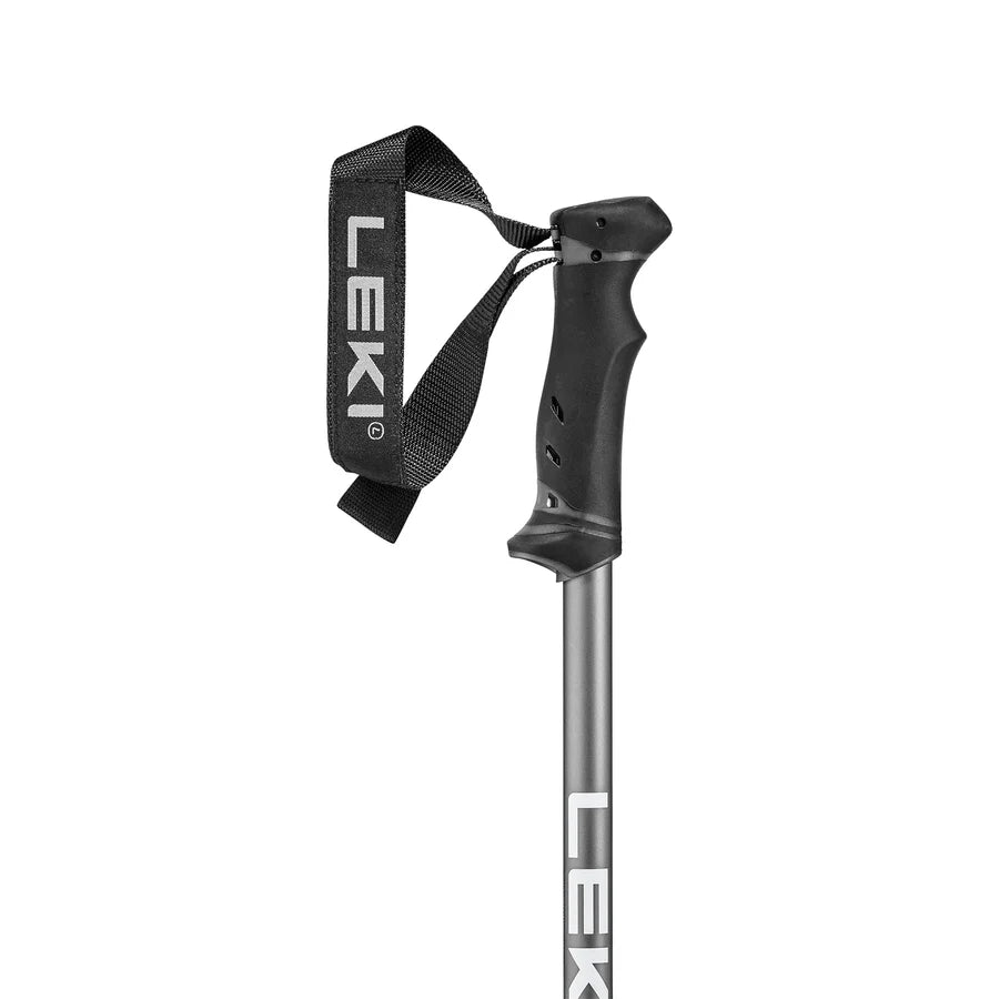 Black and gray Leki ski pole on a white background