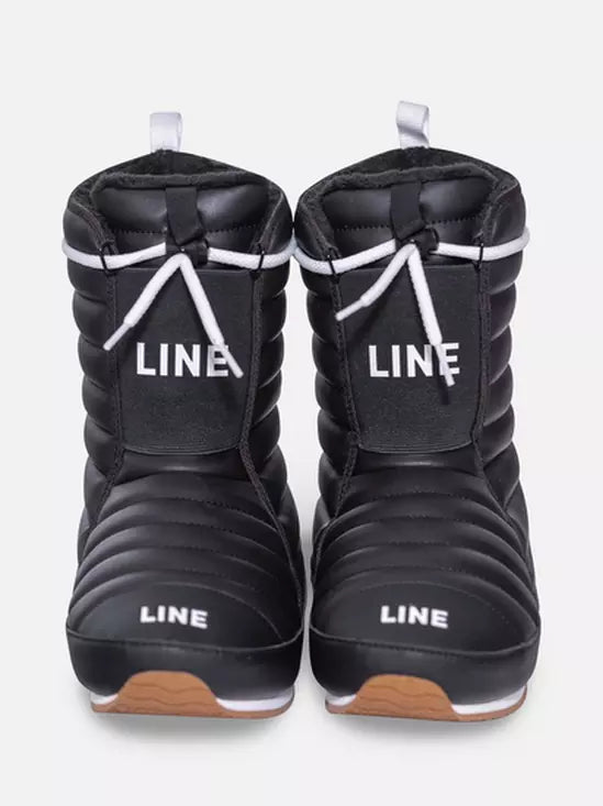 Pair of black snowboard boots with 'LINE' branding on a white background