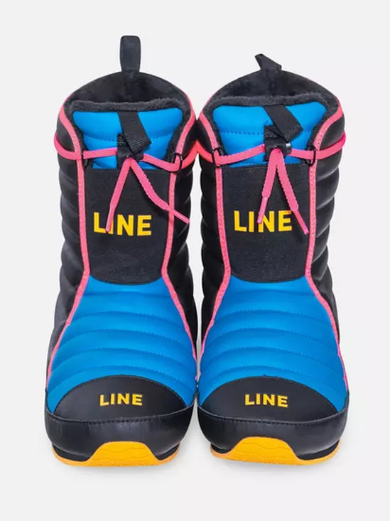 Pair of blue and black ski boots with pink accents and 'LINE' branding on a white background.