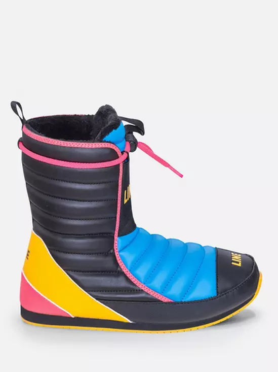 Colorful snow boot with black, blue, pink, and yellow accents on a white background