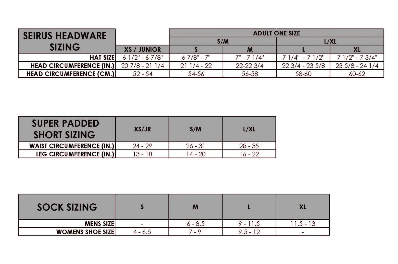Seirus Super Padded Short Size Chart