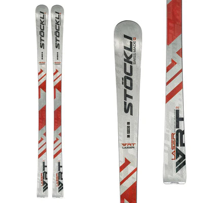 Two pairs of Stockli skis with red and white design on a white background