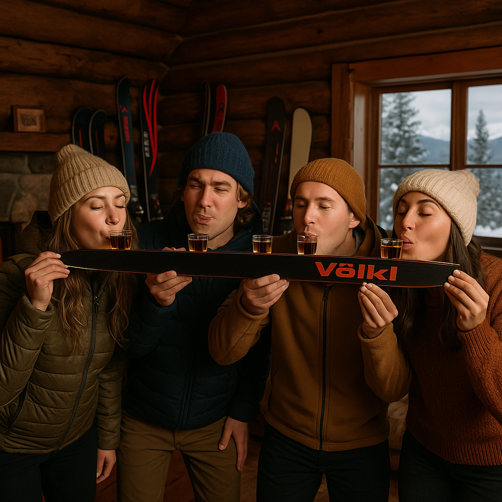 Four Young adults doing a shot ski