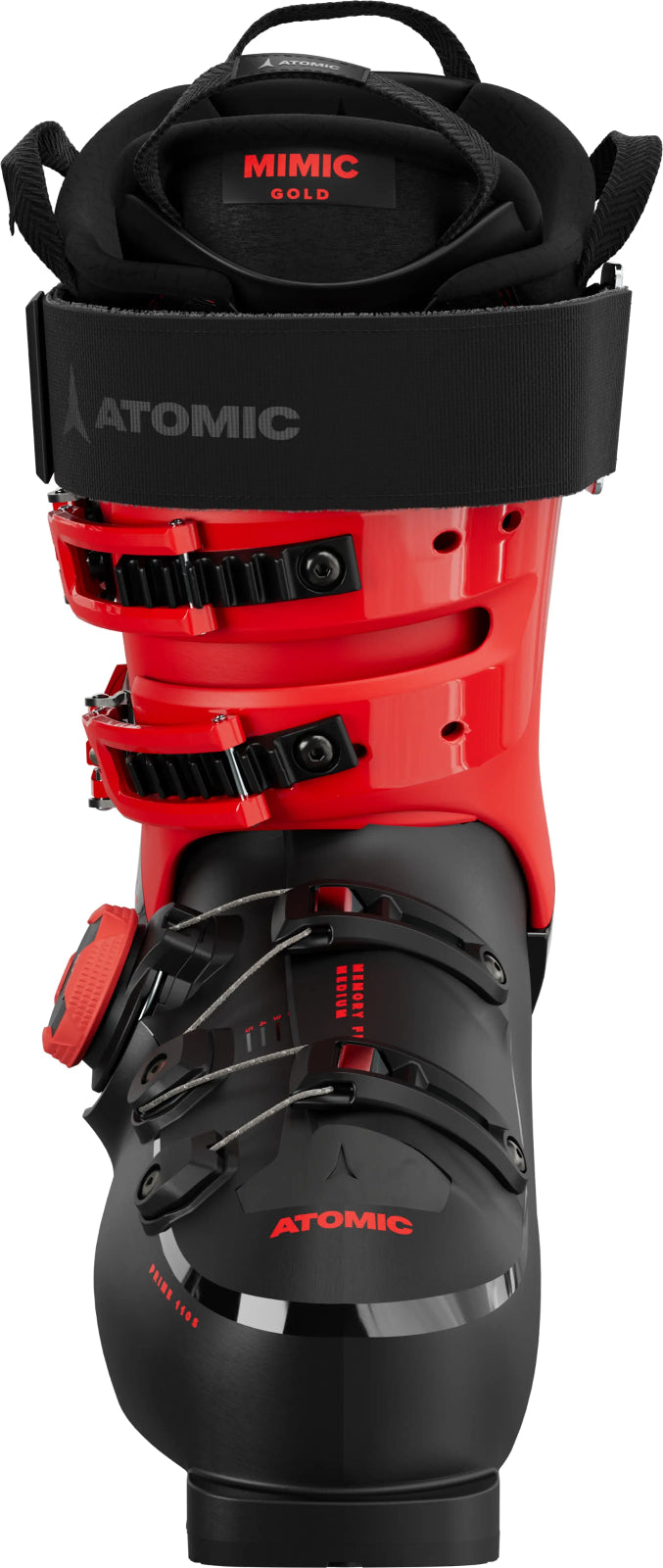 Red and black ski boot with 'Atomic' branding on a white background