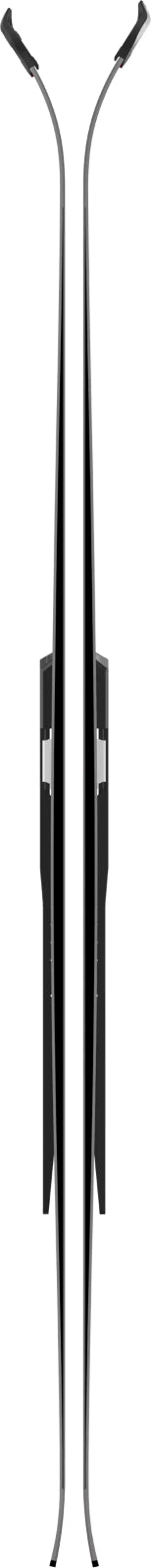Two black ski poles with silver accents on a white background