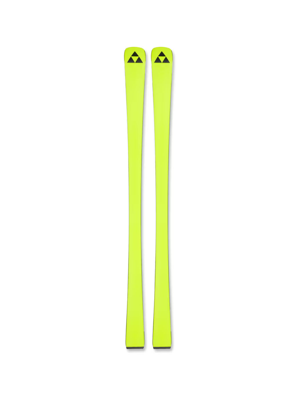 Pair of bright yellow skis Fischer Noize ST with black tips and tails on a white background