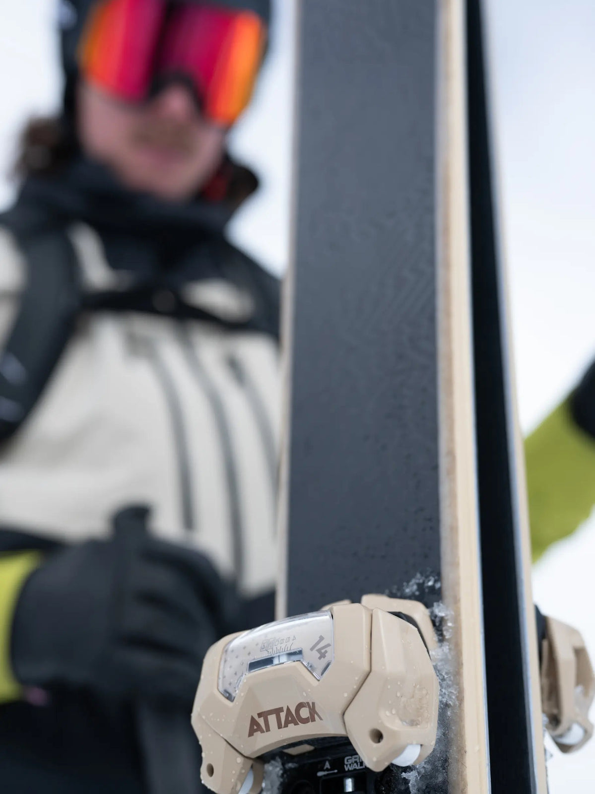 Head Kore 94 Ti Skis 2026 Closeup of Sand Attack 14 Bindings