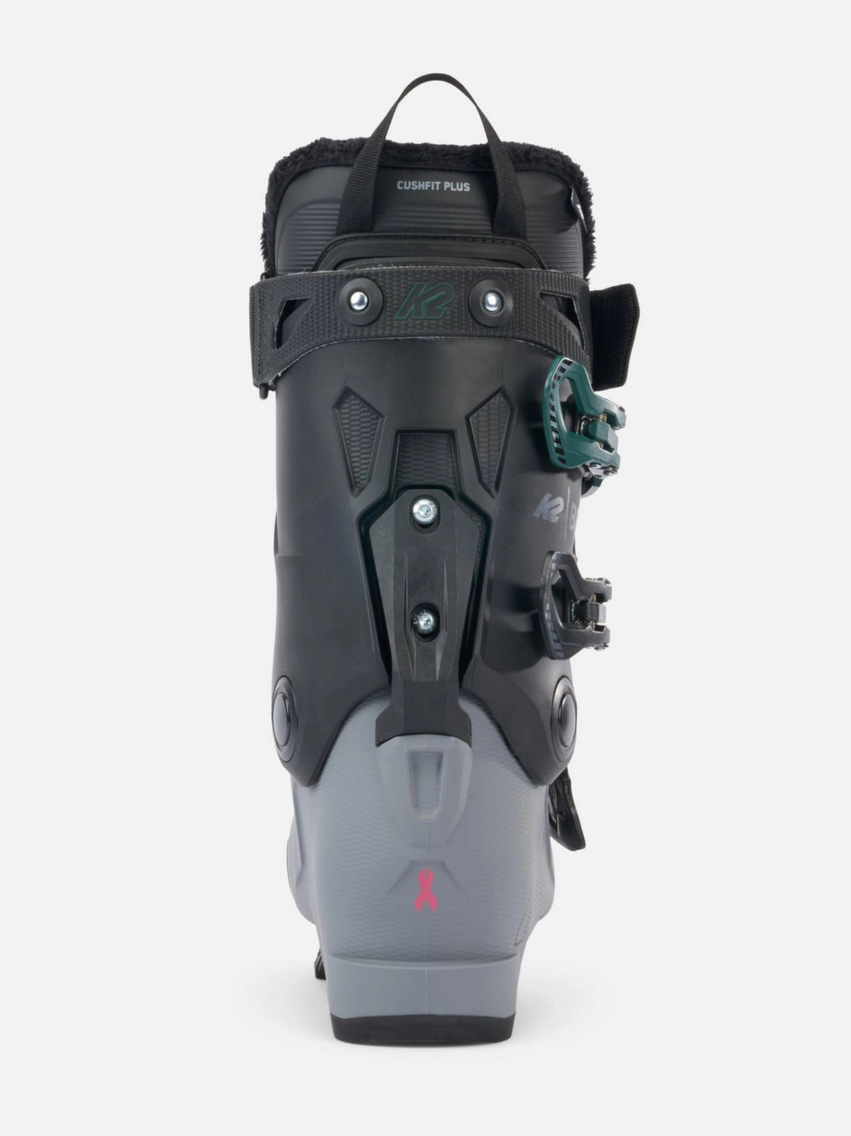 Gray and black ski boot with visible brand logo on a white background