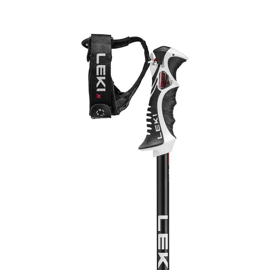 Black and white ski pole with Leki branding on a white background