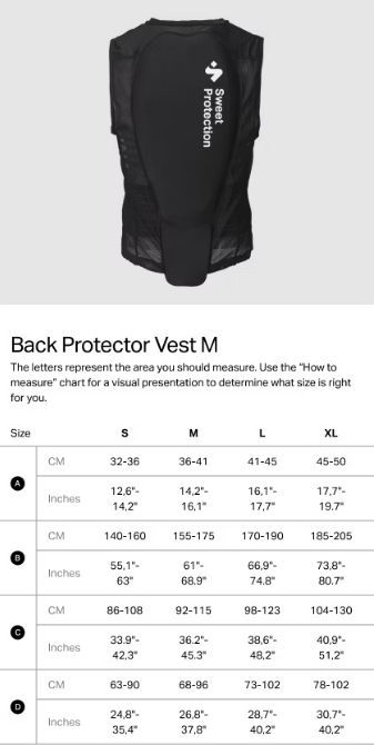 Sweet Protection Men's Back Protector Vest Size Chart