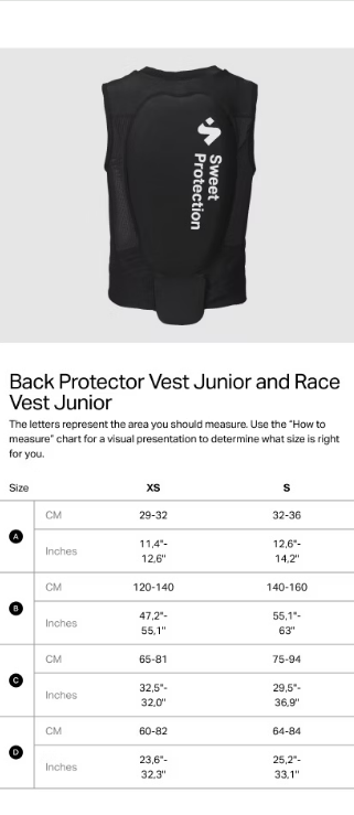 Sweet Protection Women's Back Protector Vest Size Chart