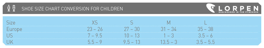 Lorpen Kids 2-Pack Ski Socks Size Chart